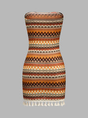 Strapless Geometric Tassel Bodycon Mini Dress