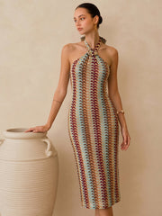 Multicolor Striped Knit Halter Midi Dress