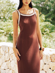 Contrast Crochet Trim Rib Knit Midi Dress