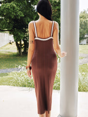 Contrast Crochet Trim Rib Knit Midi Dress