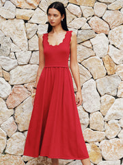 Scallop Trim Sleeveless Knit Flowy Midi Dress