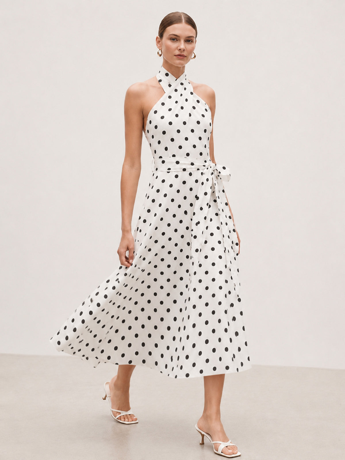 Polka Dot Halter Belted Cotton Midi Dress