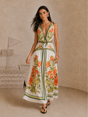 Knot-Strap Floral Print Cutout Midi Dress